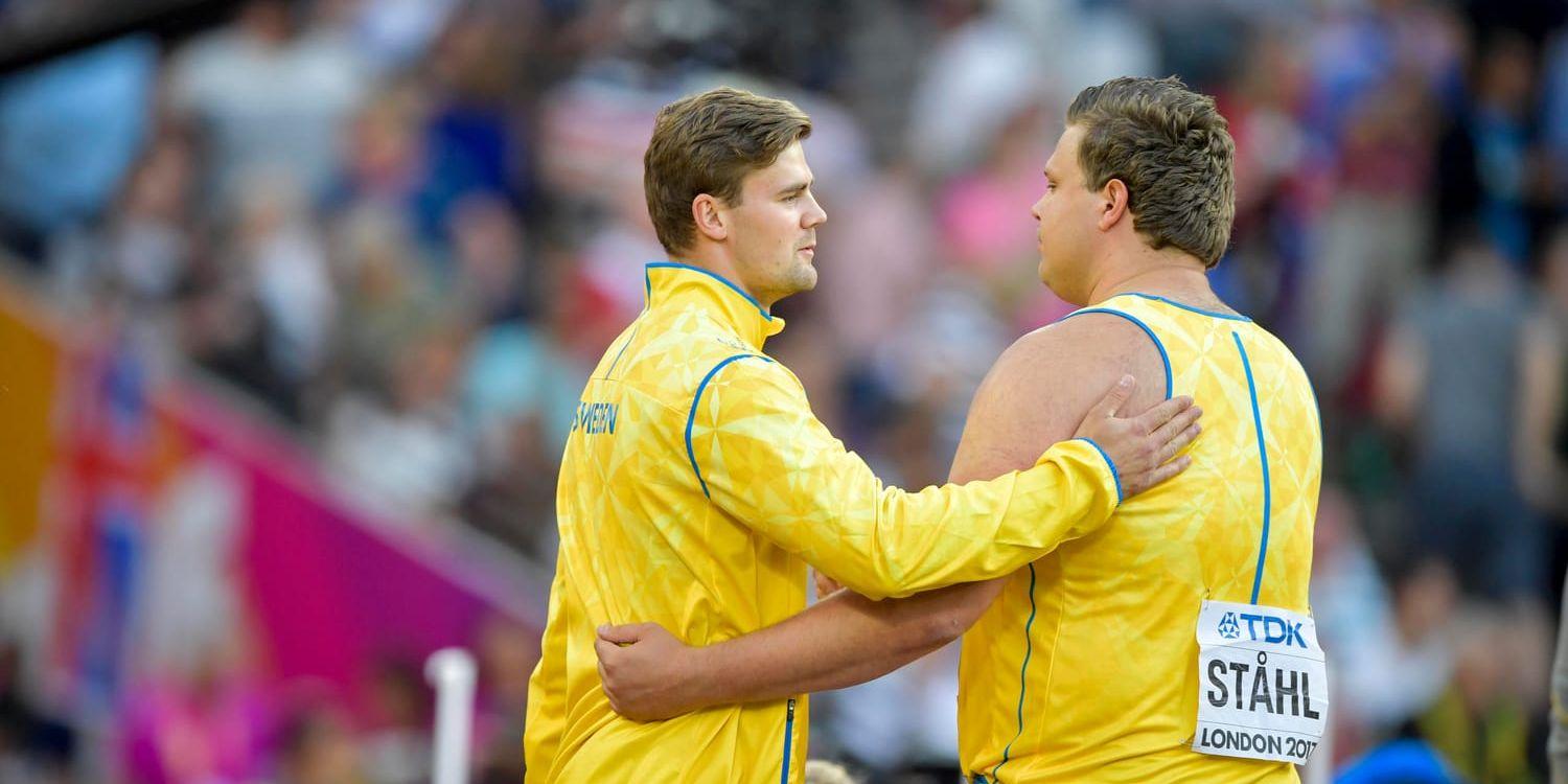 Diskuskastarna Simon Pettersson, vänster, och Daniel Ståhl under friidrotts-VM i London 2017. Arkivbild.