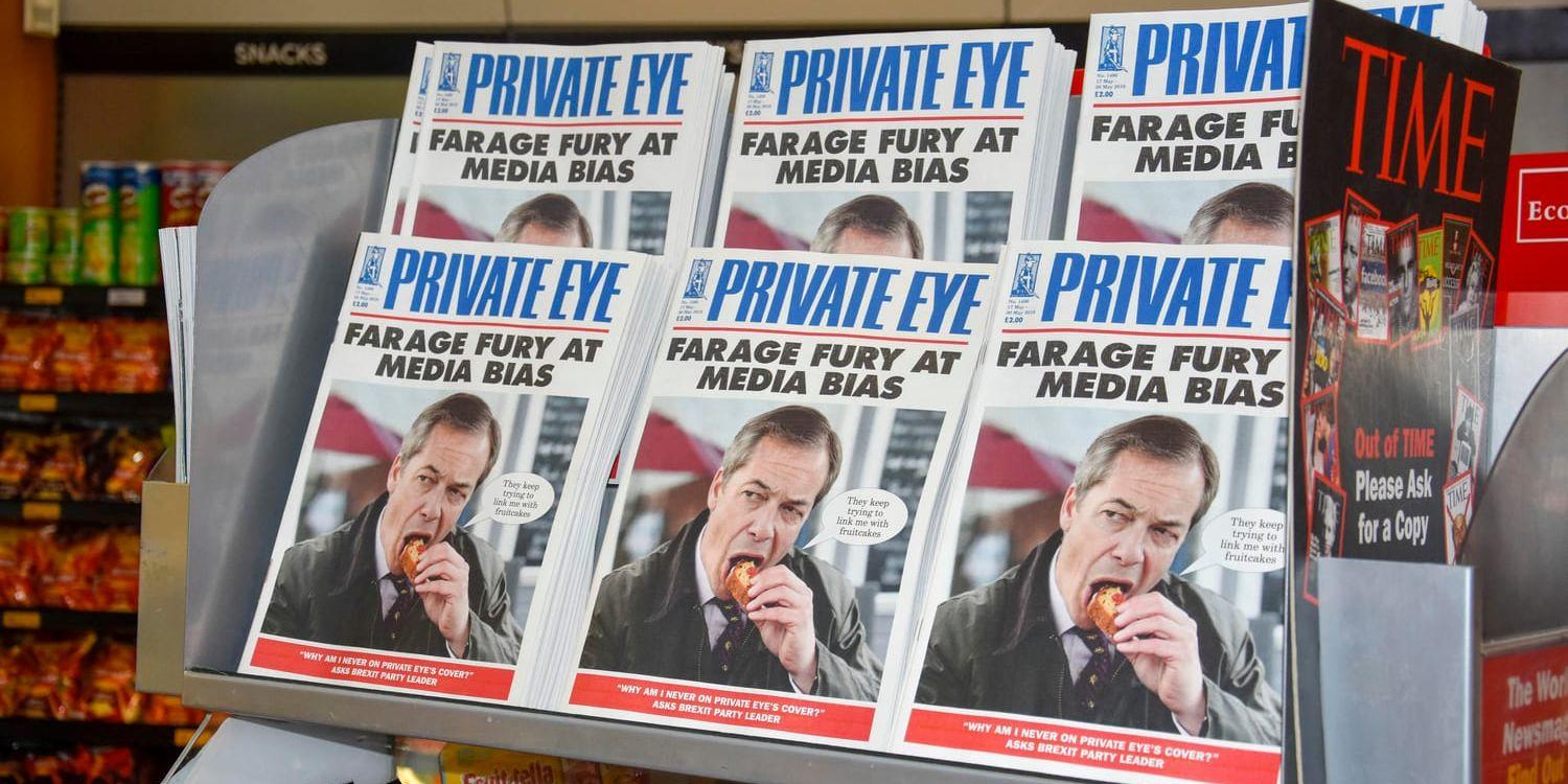 Brexitpartiets ledare Nigel Farage älskas av många britter - men är samtidigt djupt ogillad av andra. Och satirtidningarna, som exempelvis Private Eye, älskar att driva med honom.