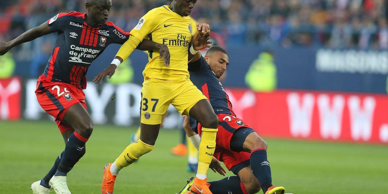 Timothy Weah (i gult) gjorde sitt första ligamål för Paris när ligamästaren premiärvann mot Caen. Arkivbild.